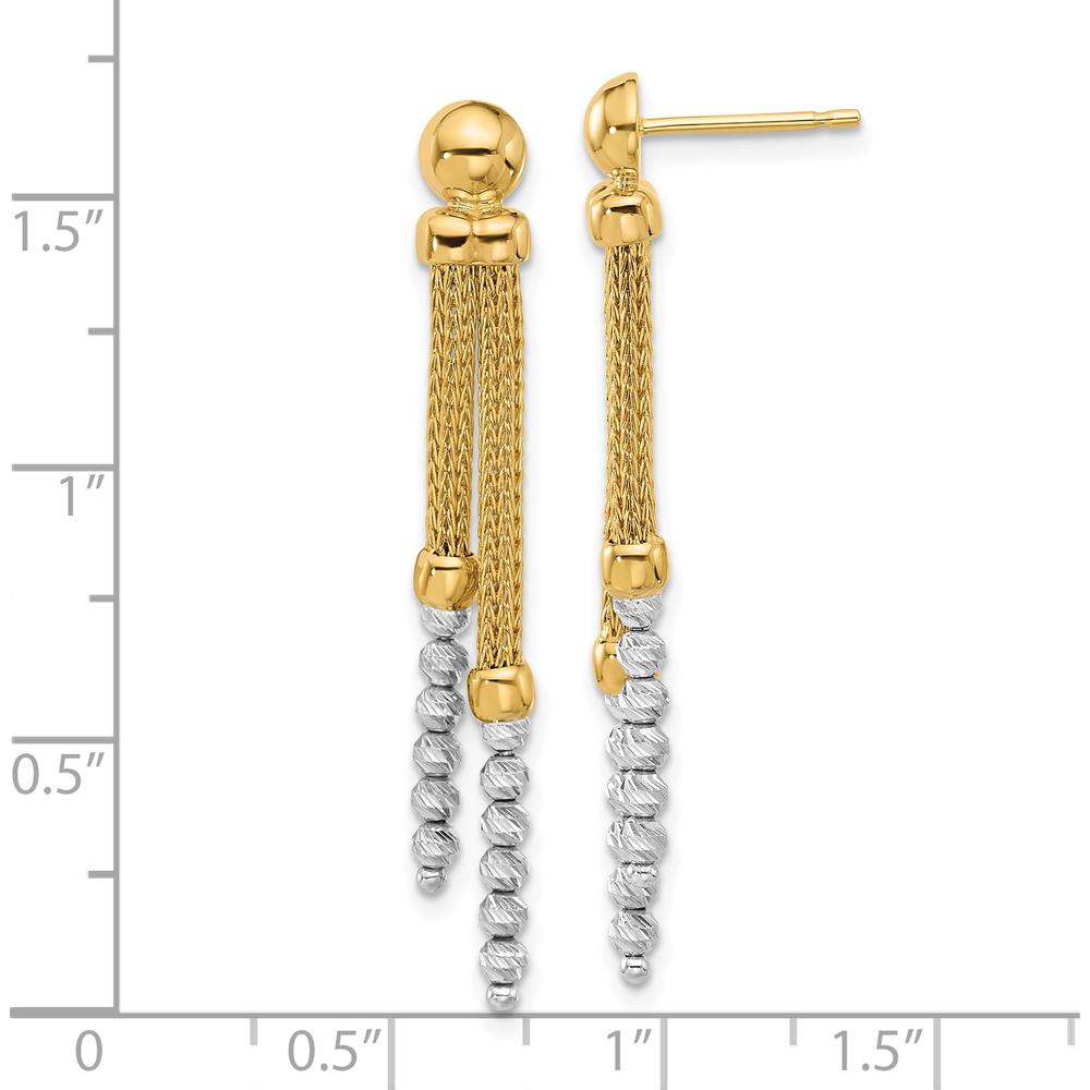 14K Two-Tone Yellow and White Gold Diamond-Cut Beaded Dangle Post Earrings - 19mm by 0
