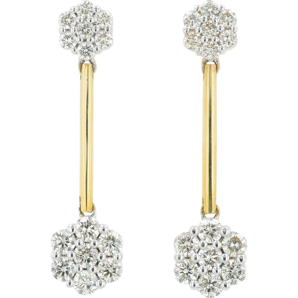 14K Two-Tone Yellow and White Gold Drop Earrings with 1.25 Carat Total Diamond Weight Floral Clusters