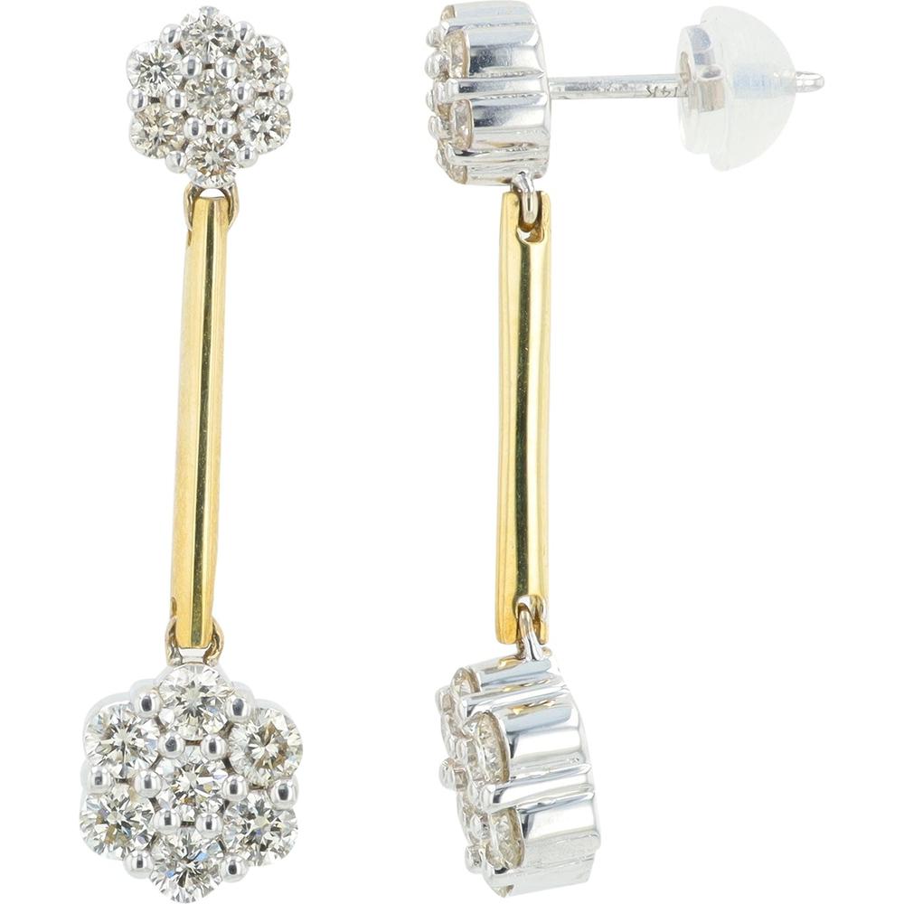 14K Two-Tone Yellow and White Gold Drop Earrings with 1.25 Carat Total Diamond Weight Floral Clusters