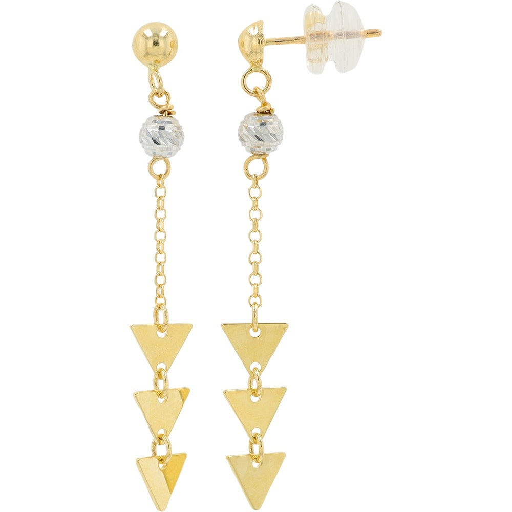 14K Two-Tone Yellow and White Gold Geometric Drop Earrings with Textured Bead and Triangular Dangles