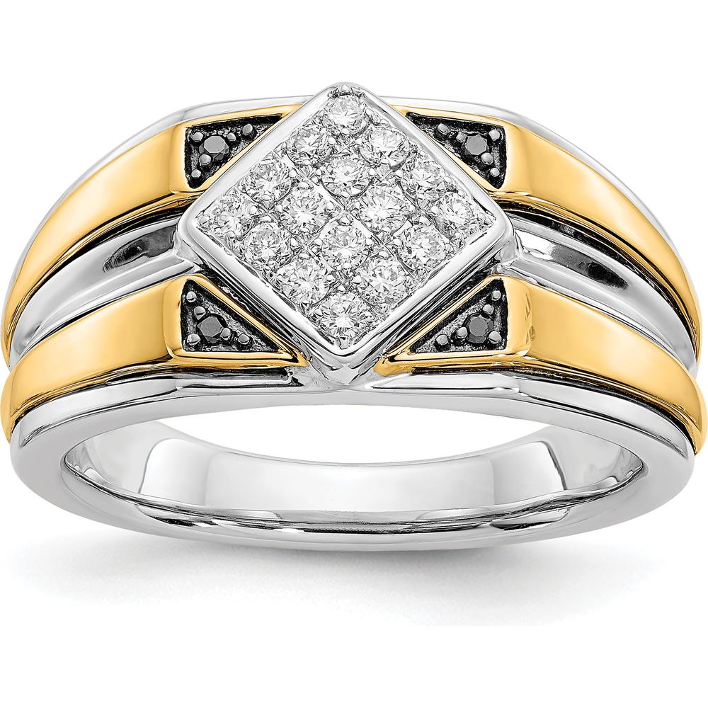 14K Two-Tone Yellow and White Gold Men's Band Ring with Round Black and White Diamonds - 0.02 Carat Total Diamond Weight by 0