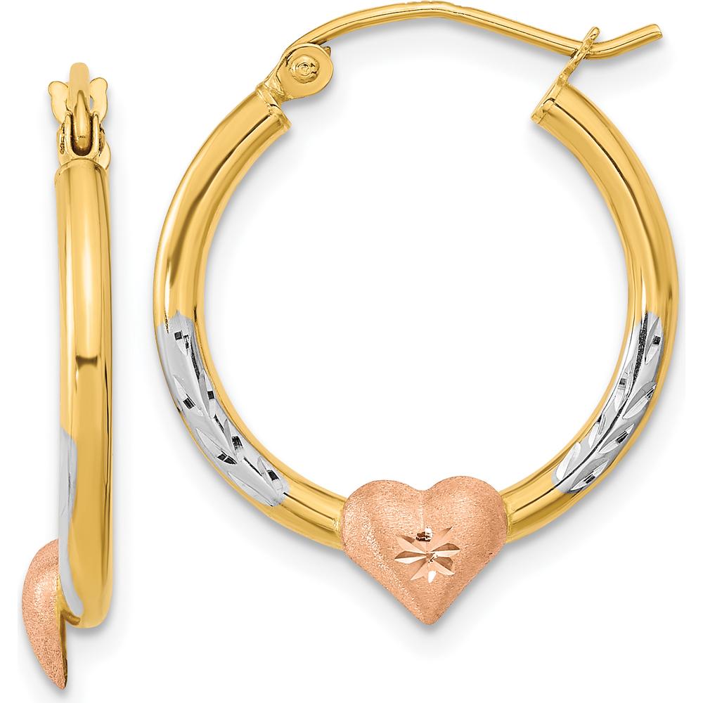 14K Two-Tone Yellow and White Rhodium Diamond-Cut Heart Hoop Earrings by 0