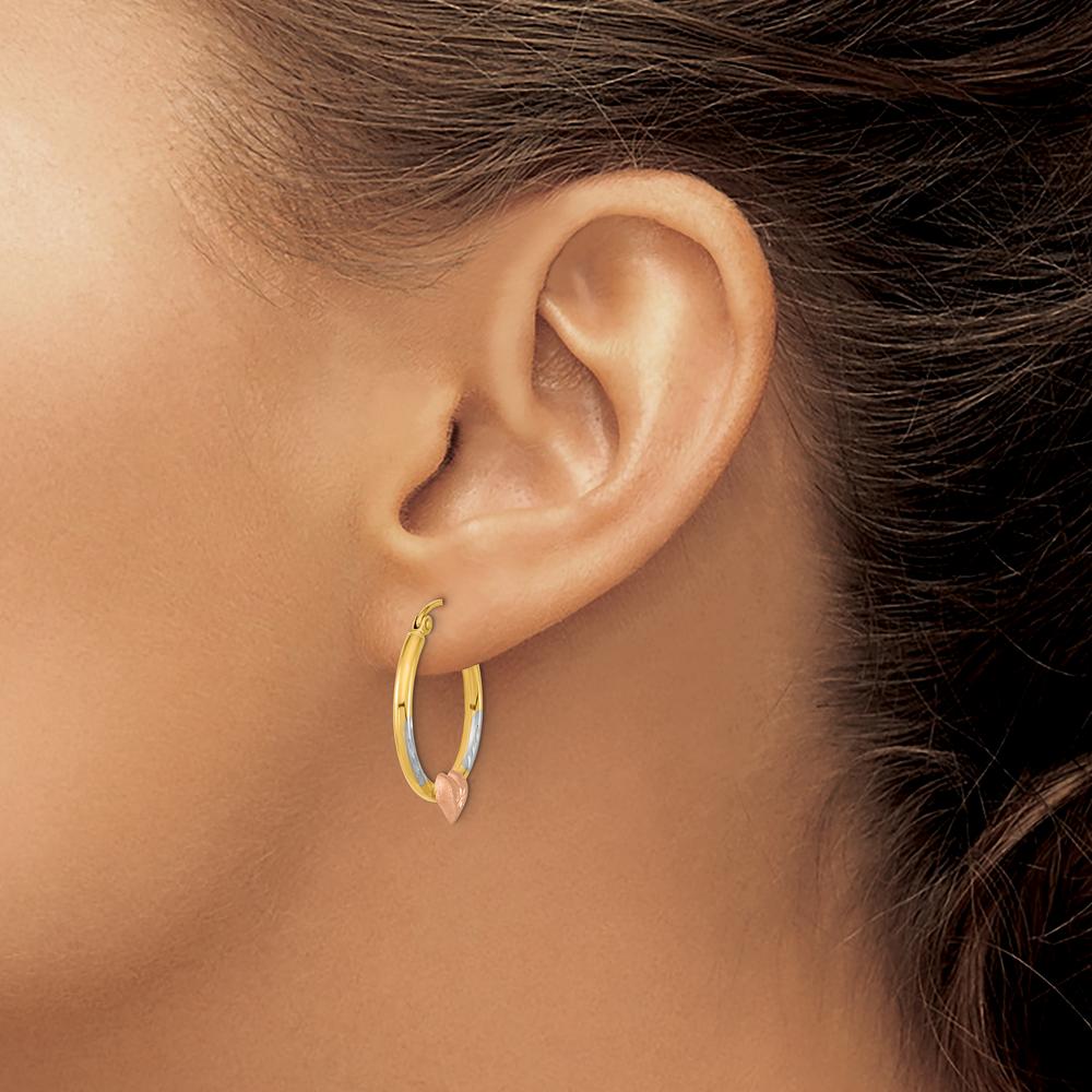 14K Two-Tone Yellow and White Rhodium Diamond-Cut Heart Hoop Earrings by 0