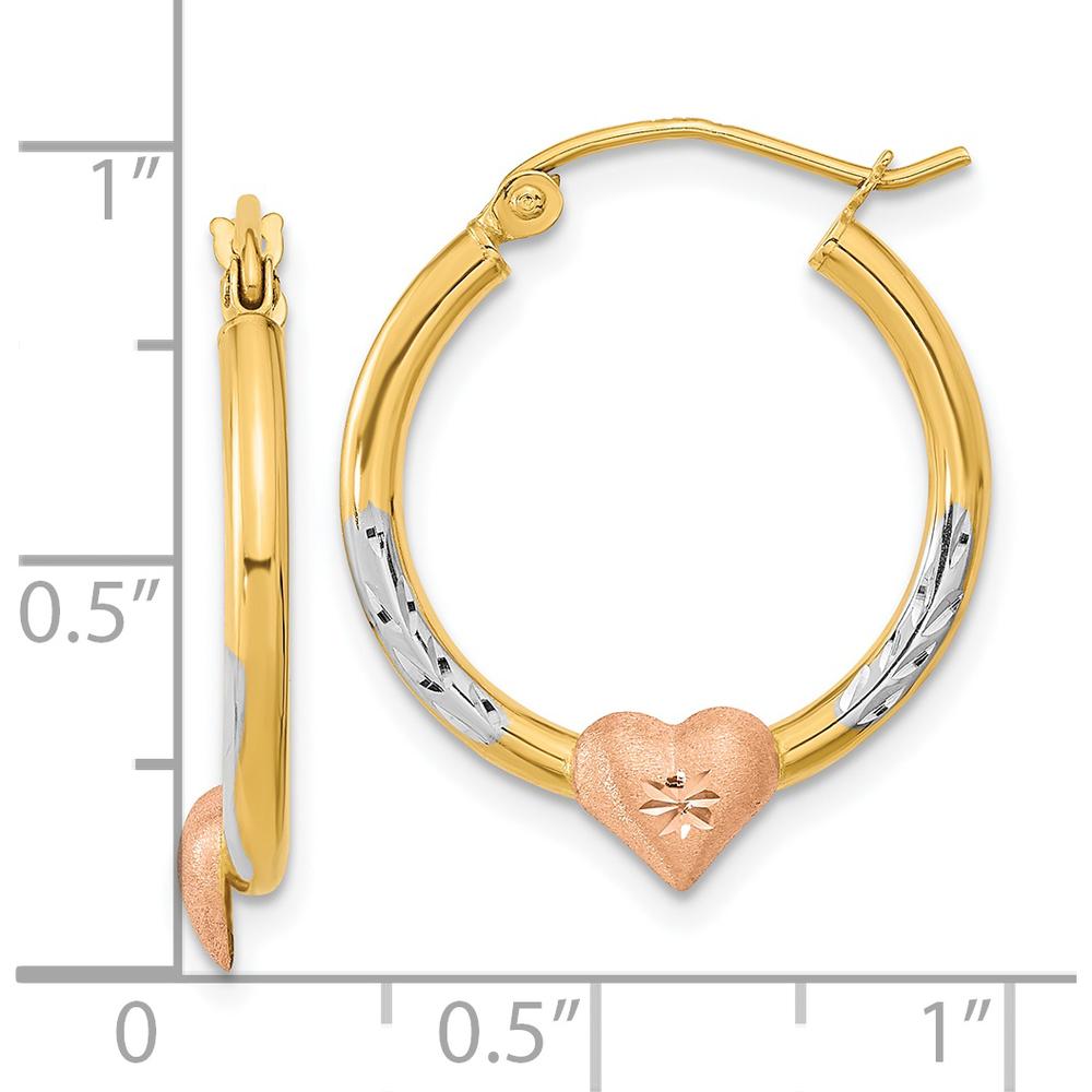 14K Two-Tone Yellow and White Rhodium Diamond-Cut Heart Hoop Earrings by 0
