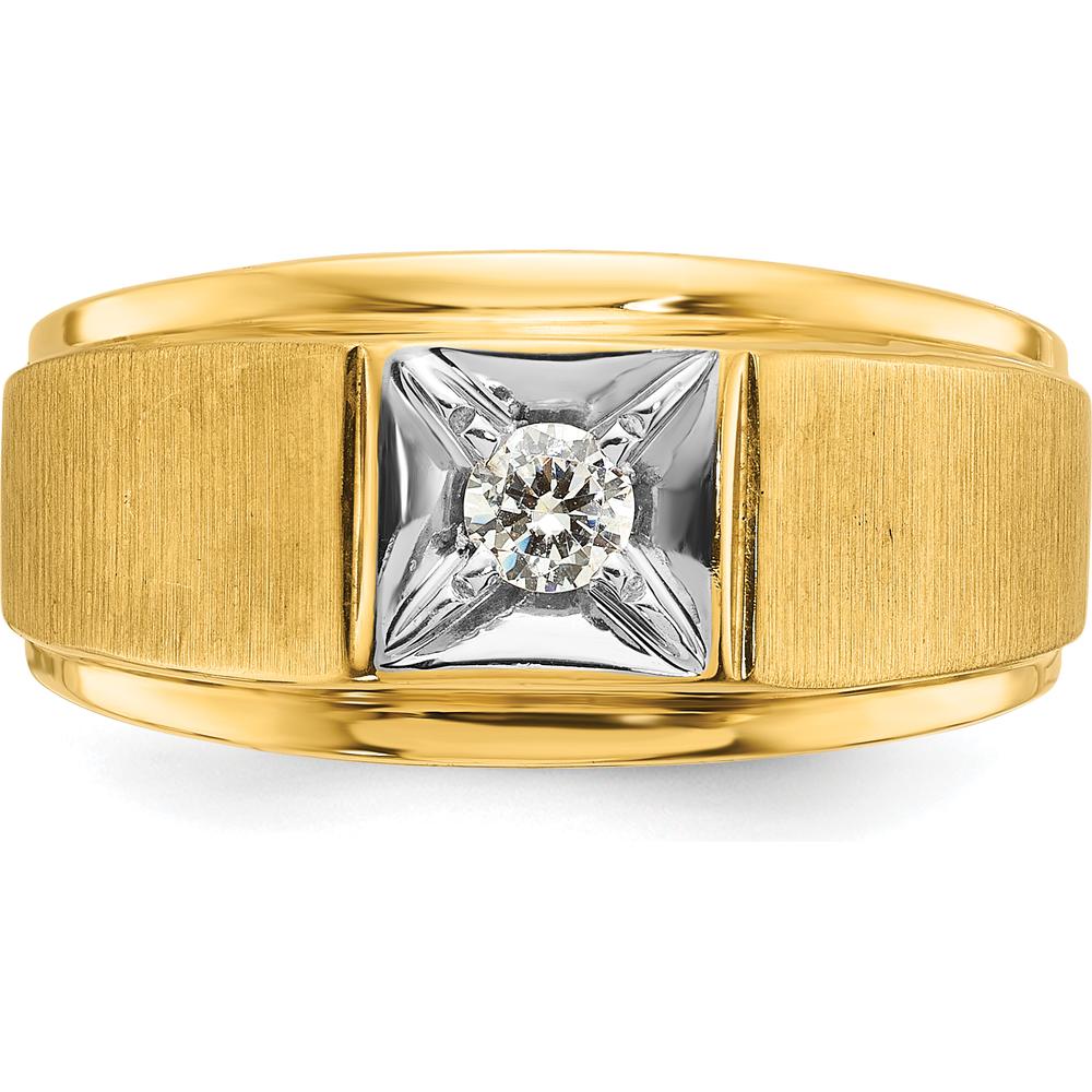 14K Two-Tone Yellow Gold Band Ring with Round 1/6 Carat Diamond - Polished and Satin Finish by IBGoodman