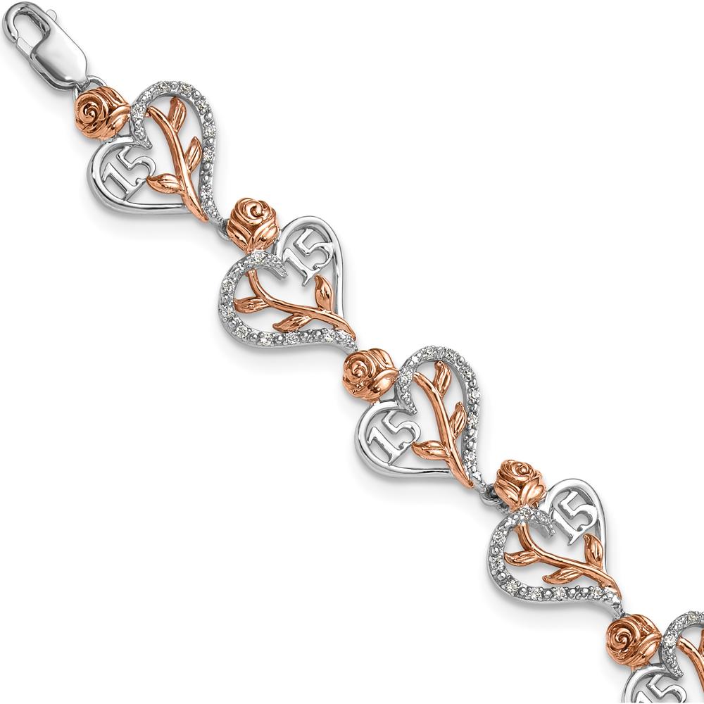 14K White and Rose Gold 1.38 Carats Diamond Heart and Rose Quinceañera Bracelet by Oro Pregiato