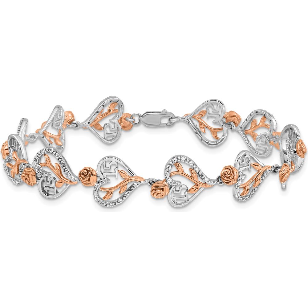 14K White and Rose Gold 1.38 Carats Diamond Heart and Rose Quinceañera Bracelet by Oro Pregiato