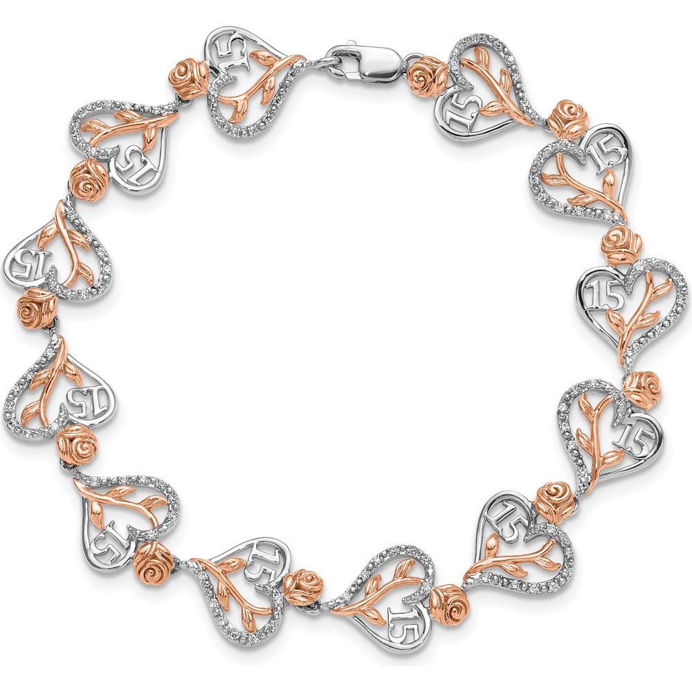 14K White and Rose Gold 1.38 Carats Diamond Heart and Rose Quinceañera Bracelet by Oro Pregiato