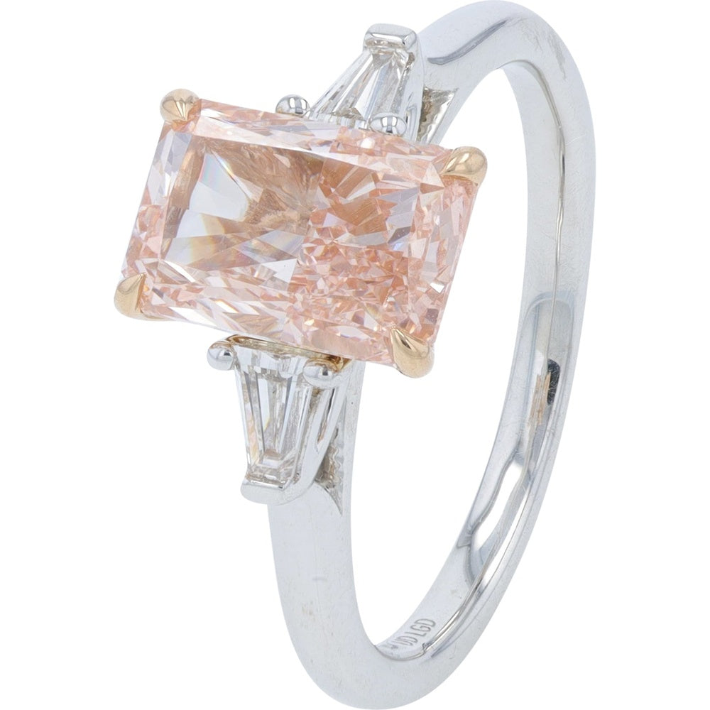 14K White and Rose Gold 3-Stone Engagement Ring with 2.00 Carat Pink Radiant Lab-Grown Diamond and 0.25 Carat Tapered Baguette Diamonds – 2.25 Carat Total Weight