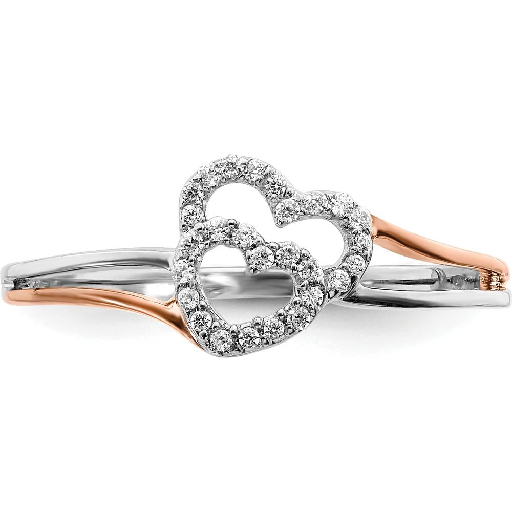 14K White and Rose Gold Diamond Polished Double Heart Ring with 17 Round Diamonds - 0.0071 Carat Total Diamond Weight by 0