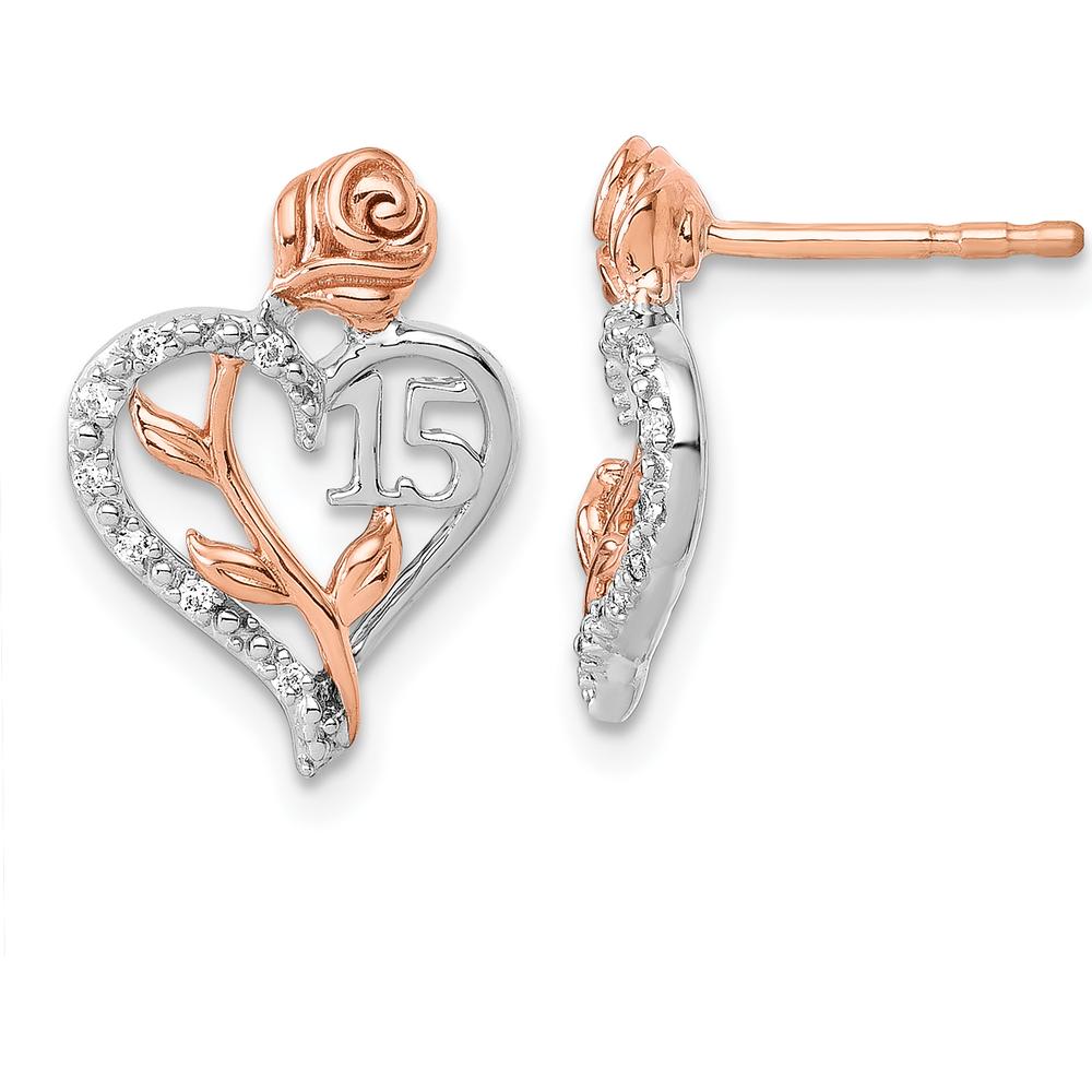 14K White and Rose Gold Diamond Quinceanera Heart Post Earrings - 0.02 Carats Total Diamond Weight by Oro Pregiato