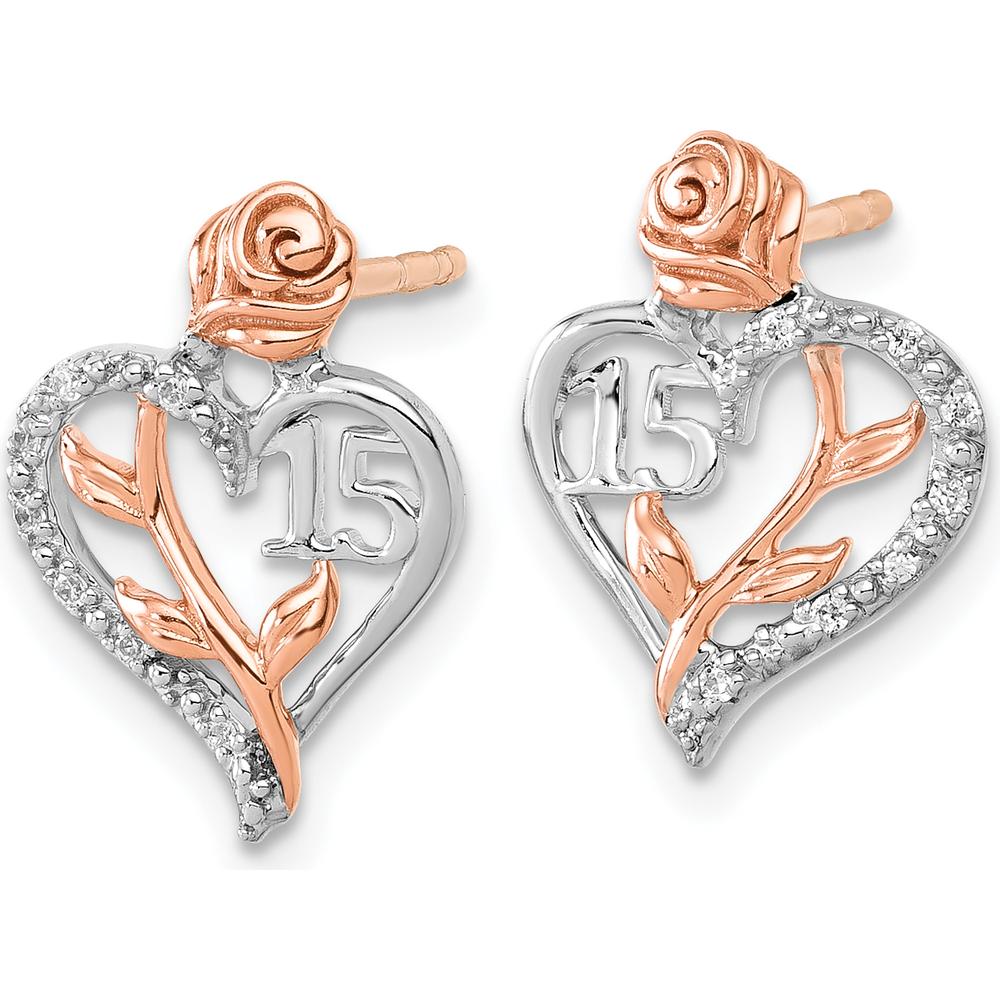 14K White and Rose Gold Diamond Quinceanera Heart Post Earrings - 0.02 Carats Total Diamond Weight by Oro Pregiato