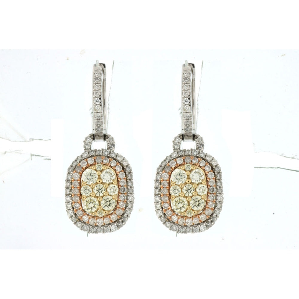 14K White and Rose Gold Drop Earrings with Halo Set Fancy Yellow and White Diamonds - 1.33 Carat Total Diamond Weight - Royal Jewelry