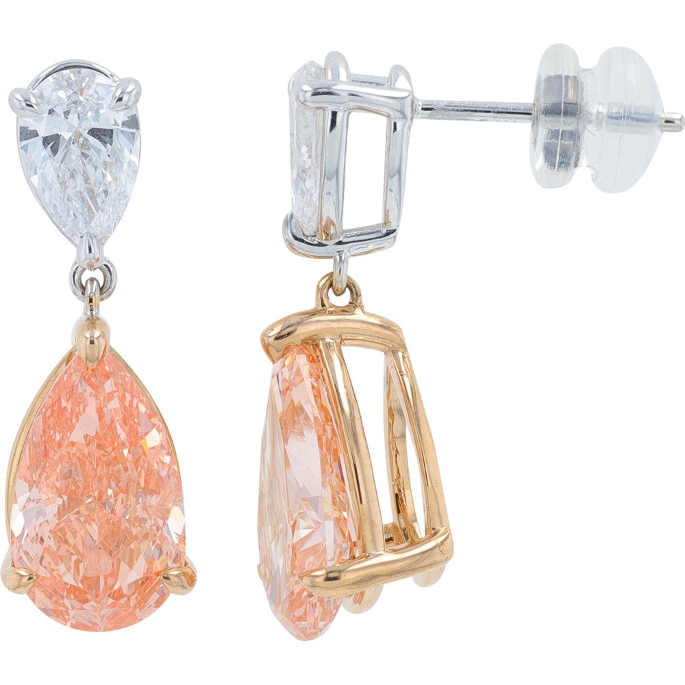 14K White and Rose Gold Drop Earrings with Pear Shaped Lab Grown White and Pink Diamonds - 7.85 Carat Total Diamond Weight