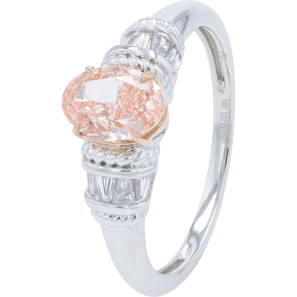 14K White and Rose Gold Engagement Ring with 1.00 Carat Pear-Shaped Pink Lab-Grown Diamond and Baguette Side Stones - 1.25 Carat Total Diamond Weight