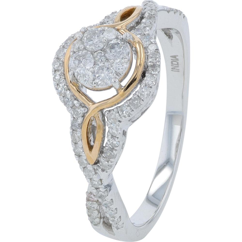 14K White and Rose Gold Engagement Ring with 1/2 Carat Diamond Cluster and Two-Tone Halo Design
