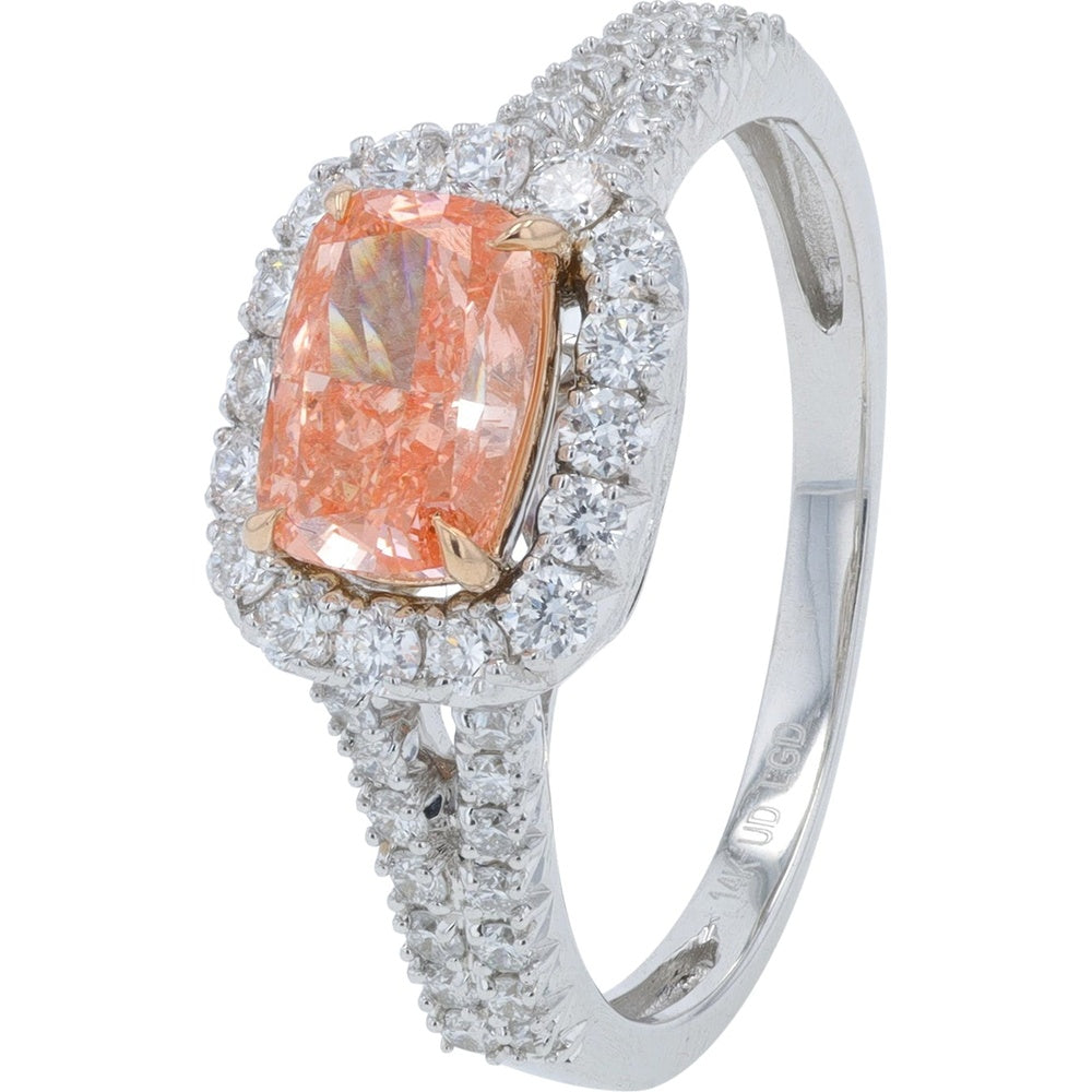 14K White and Rose Gold Halo Engagement Ring with 1.50 Carat Total Weight Lab Grown Pink Cushion-Cut Diamond