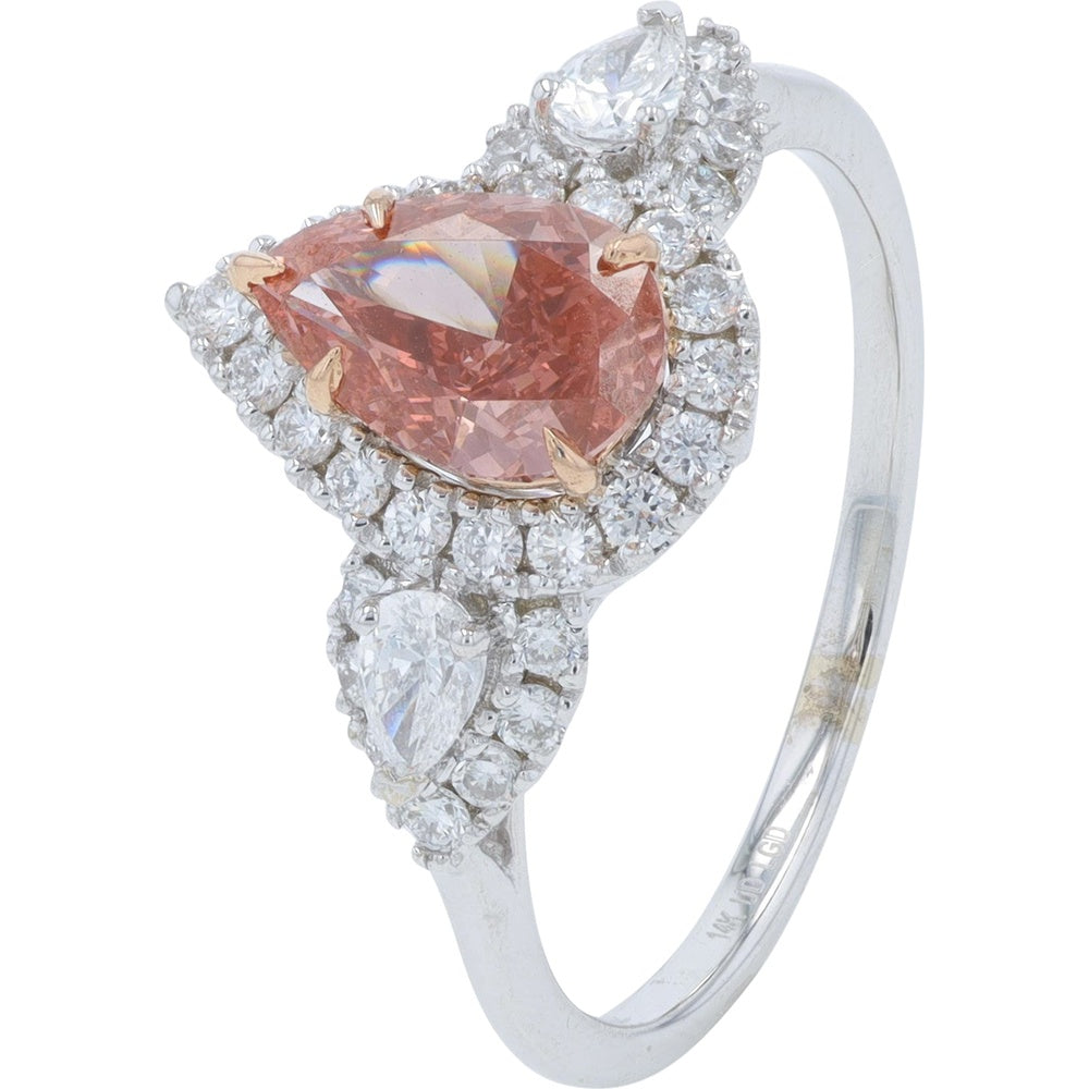 14K White and Rose Gold Halo Engagement Ring with Pear-Shaped Pink Lab-Grown Diamond and White Diamond Accents - 1.50 Carat Total Diamond Weight