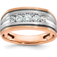 14K White and Rose Gold Men's 5-Stone Diamond Ring with Polished Satin and Grooved Band by IBGoodman