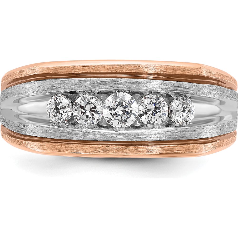 14K White and Rose Gold Men's 5-Stone Diamond Ring with Polished Satin and Grooved Band by IBGoodman