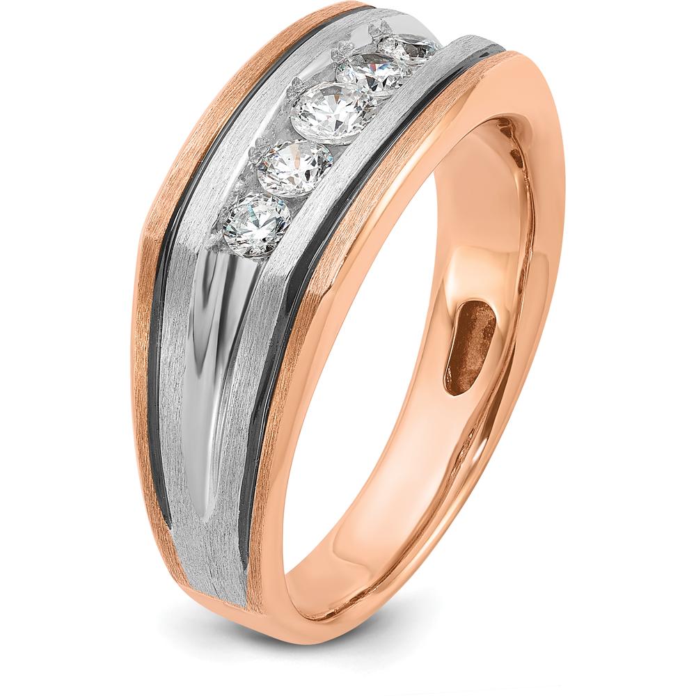 14K White and Rose Gold Men's 5-Stone Diamond Ring with Polished Satin and Grooved Band by IBGoodman