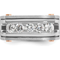 14K White and Rose Gold Men's Polished Satin and Grooved 5-Stone Diamond Ring - 1 Carat Total Diamond Weight by IBGoodman