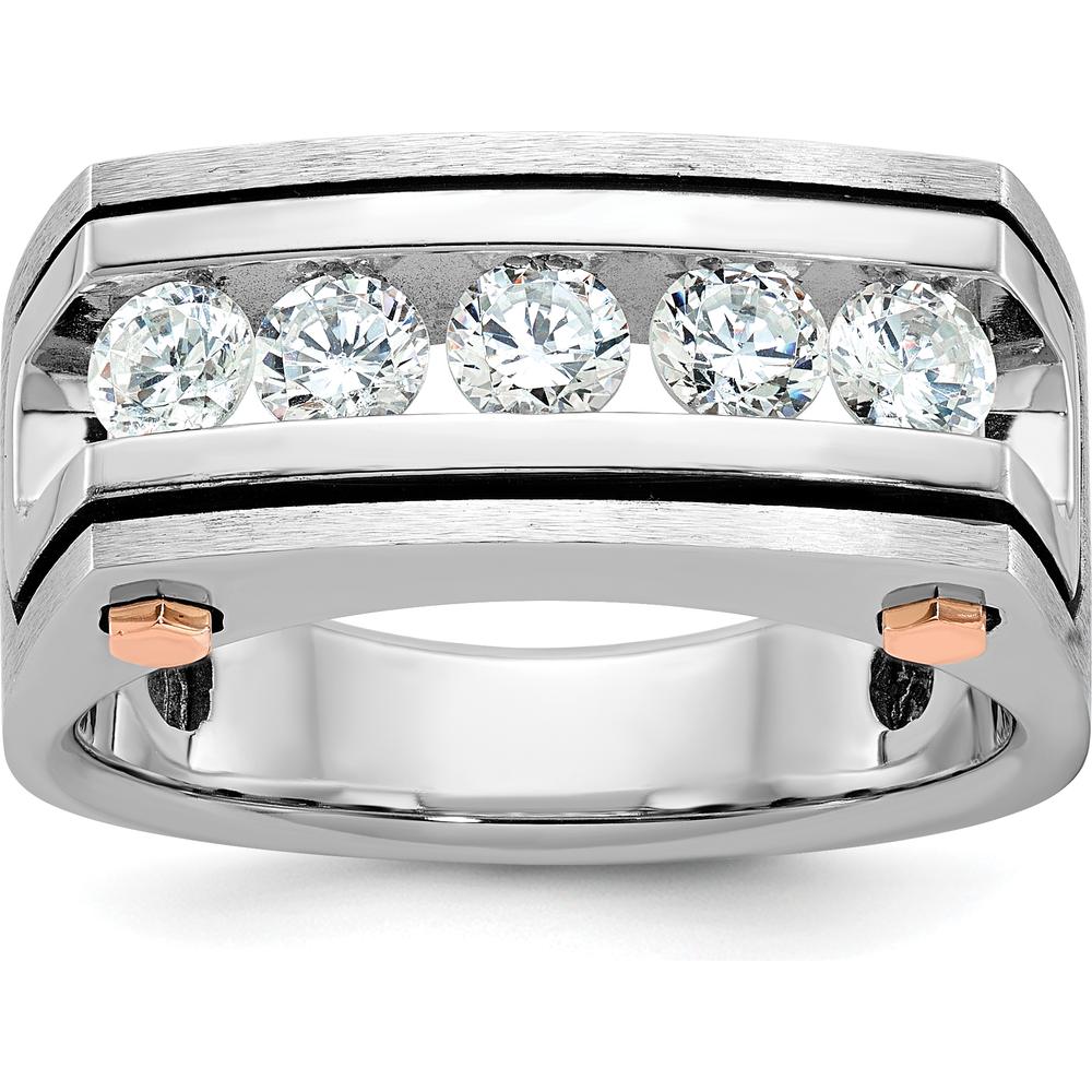 14K White and Rose Gold Men's Polished Satin Grooved 5-Stone Diamond Ring by IBGoodman