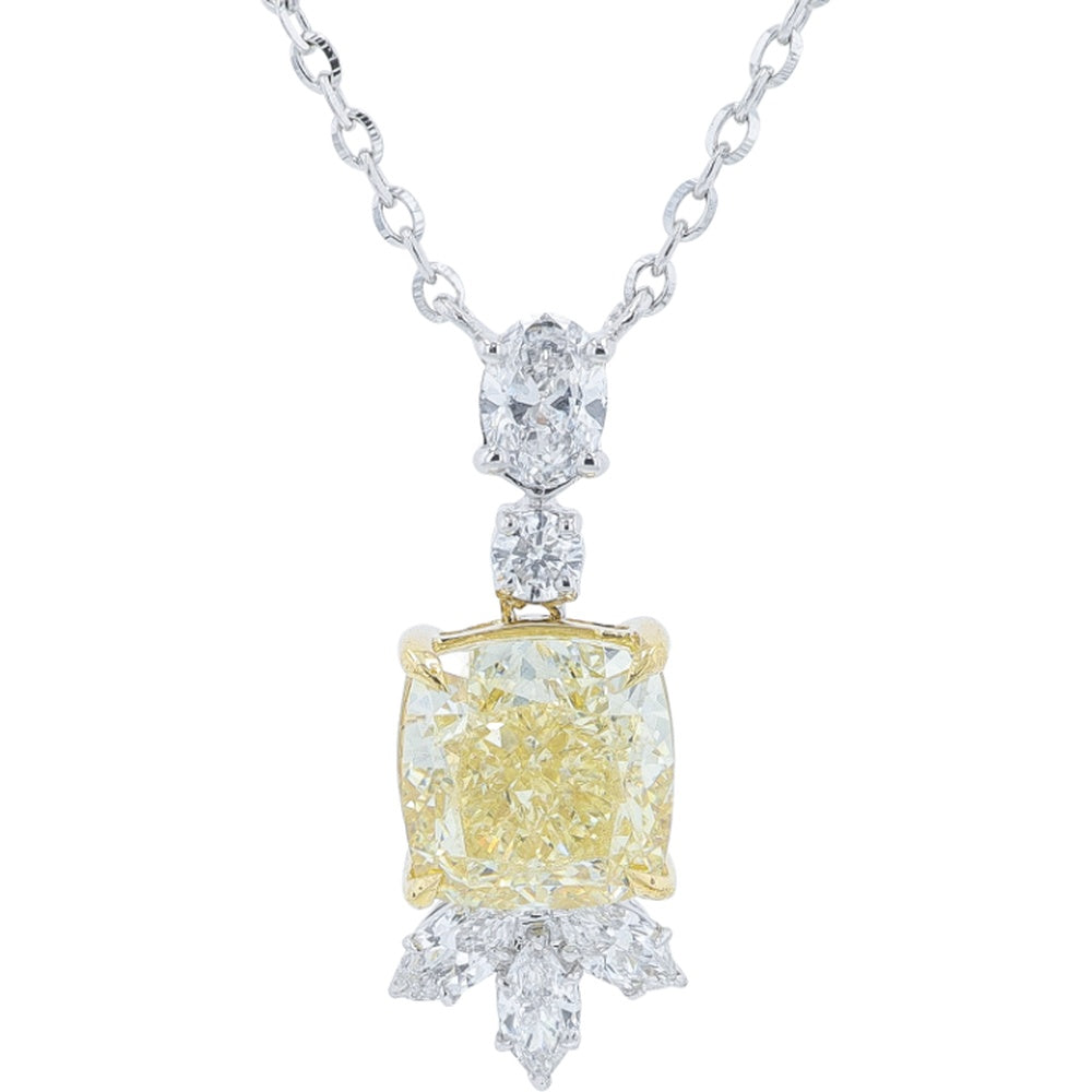 14K White and Yellow Gold Adjustable Pendant Necklace with Cushion Cut Yellow and Floral Accent Diamonds - 1.25 Carat Total Diamond Weight