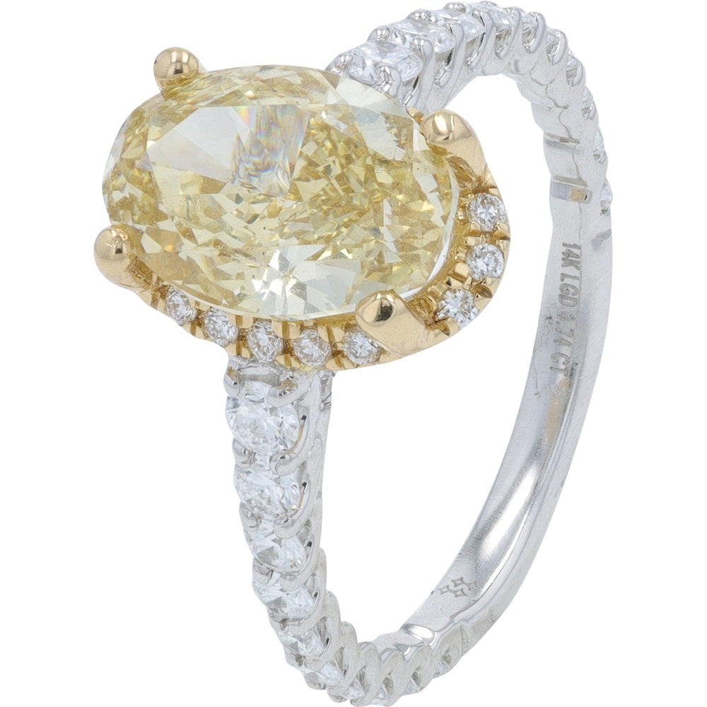 14K White and Yellow Gold Halo Ring with Oval Cut Yellow Lab Grown Diamond and White Diamond Accents - 3.74 Carat Total Diamond Weight