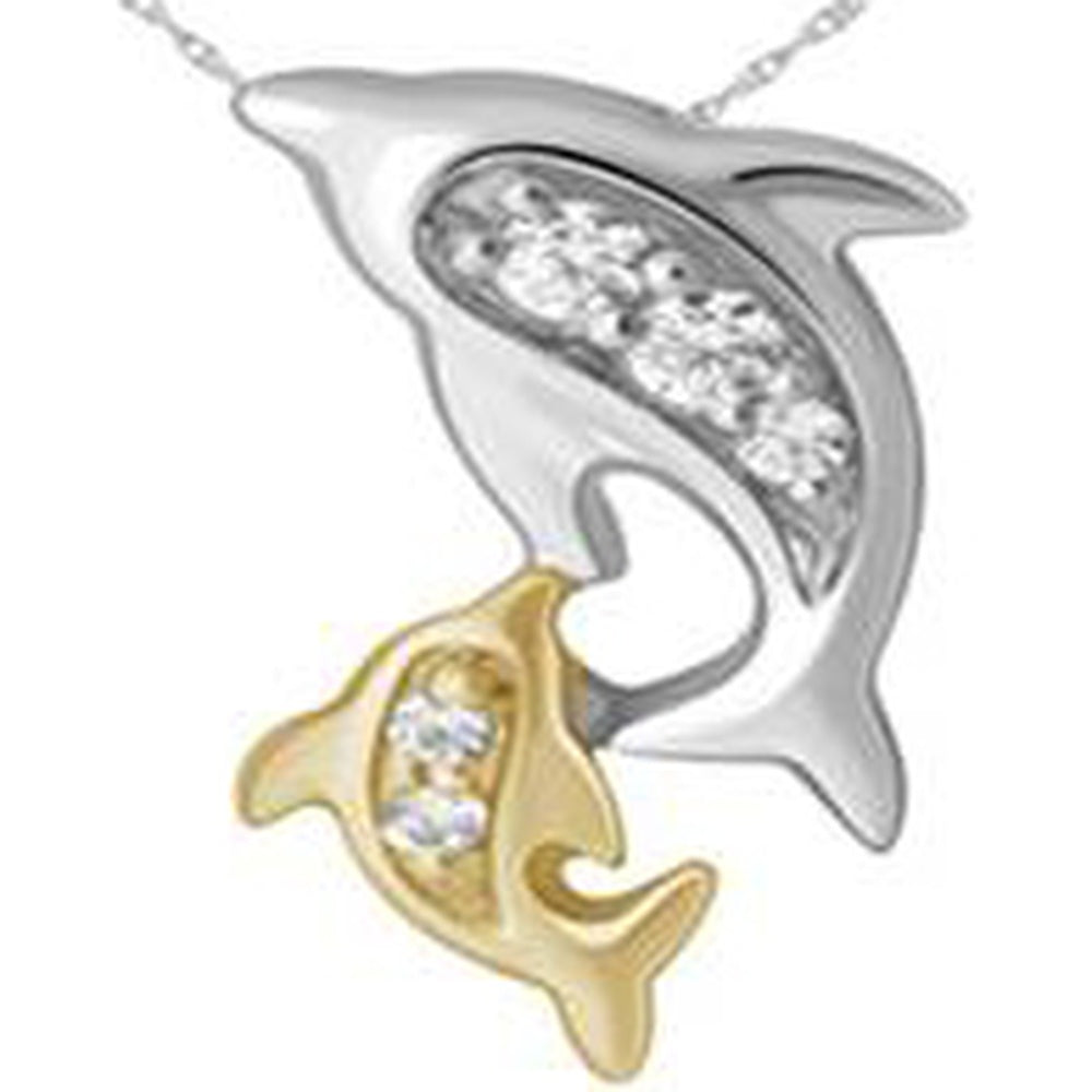 14K White and Yellow Gold Two-Tone Dolphin Mother and Child Pendant Necklace with Channel Set Round Diamonds - 0.02 Carat Total Diamond Weight - Royal Jewelry