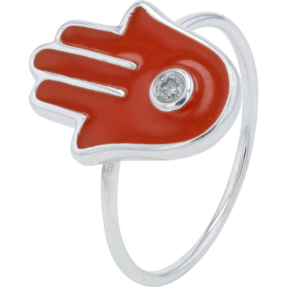 14K White Gold 0.03 Carat Diamond Red Enamel Hamsa Motif Ring