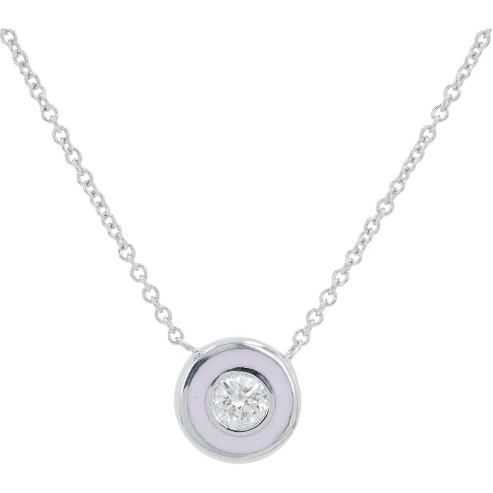14K White Gold 0.13 Carat Diamond Solitaire Necklace with Pink Enamel Halo
