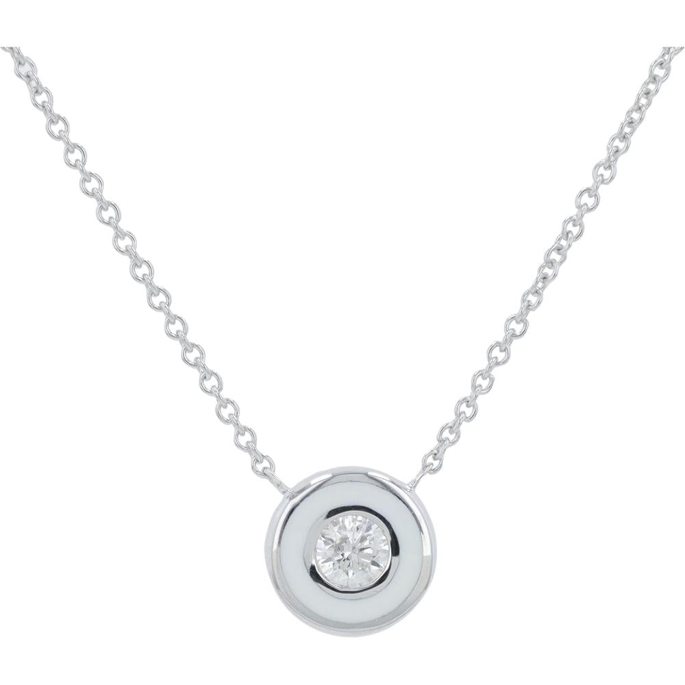 14K White Gold 0.13 Carat Diamond Solitaire Necklace with White Enamel Halo