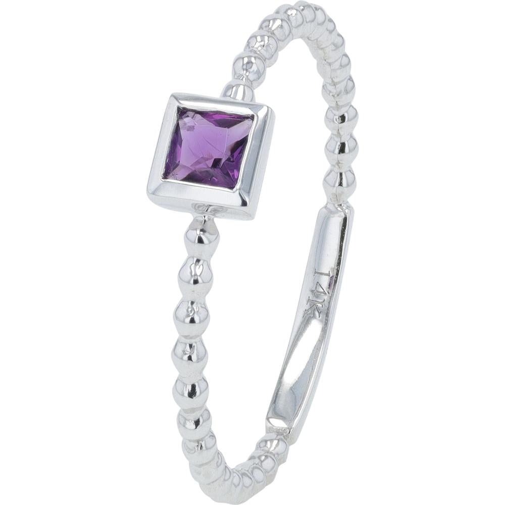 14K White Gold 0.15 Carat Amethyst Center Ring with Beaded Band