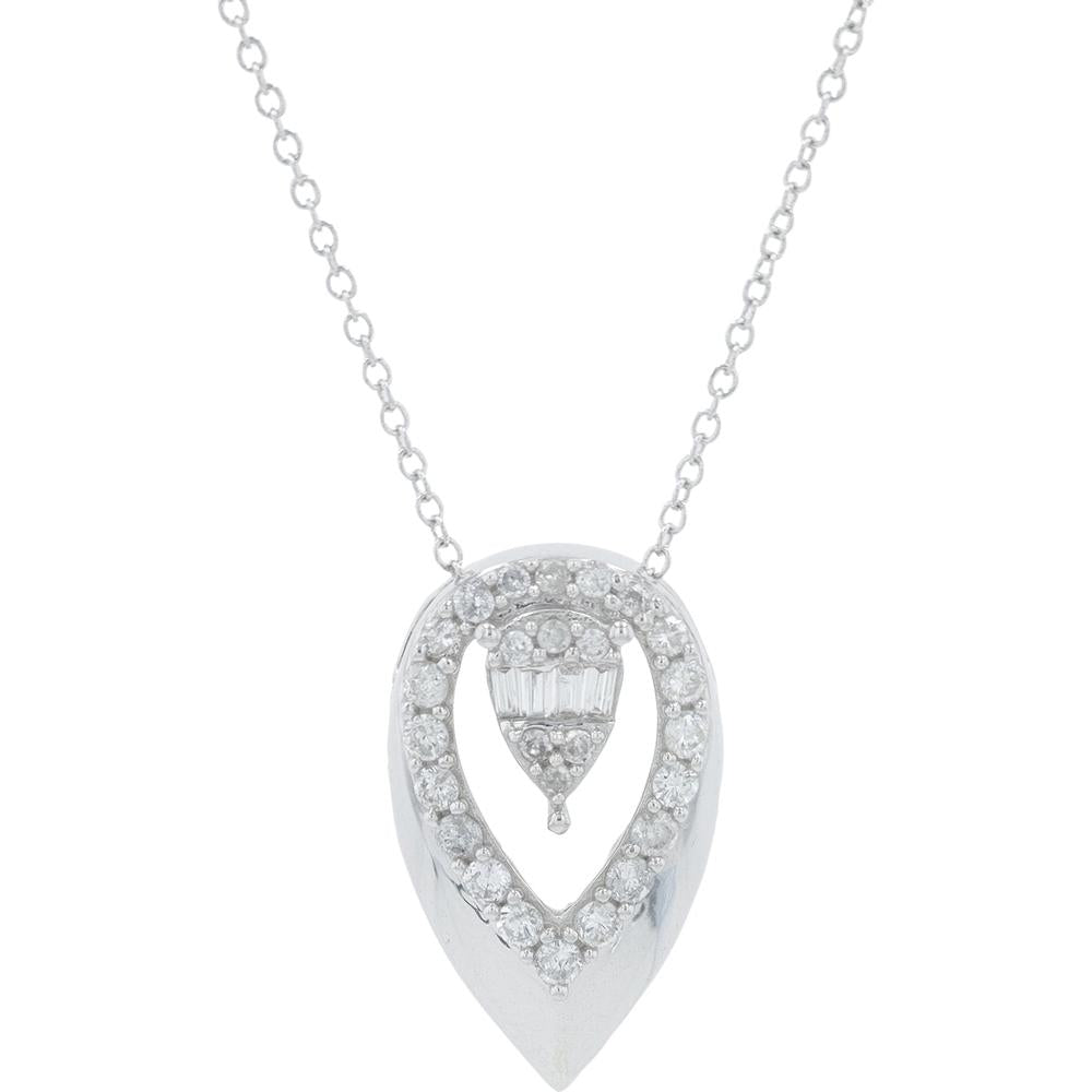 14K White Gold 0.30 Carat Diamond Pear - Shaped Pendant Necklace with Baguette and Round Diamonds