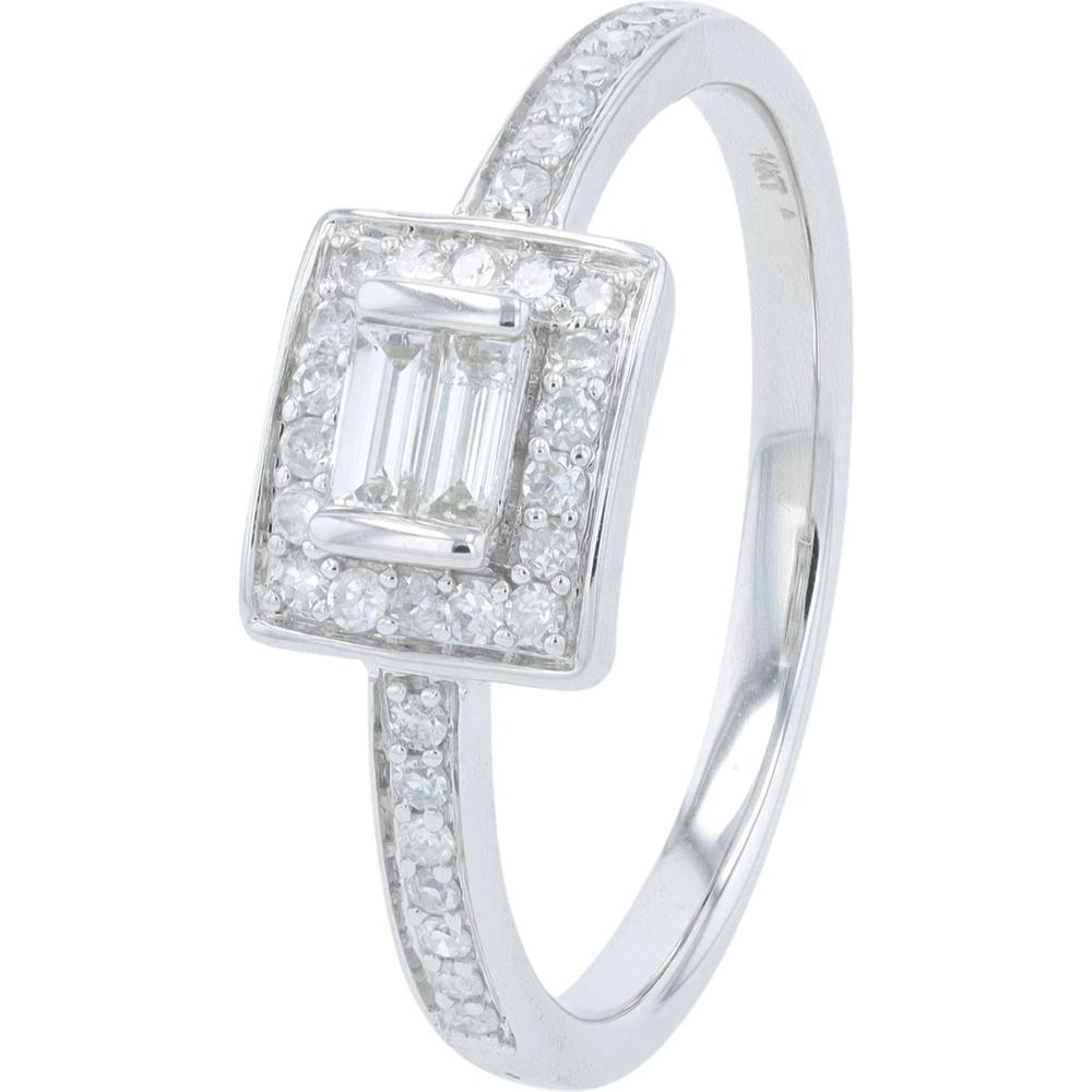 14K White Gold 0.30 Carat Double Baguette Diamond Halo Ring with Pave Set Diamond Band