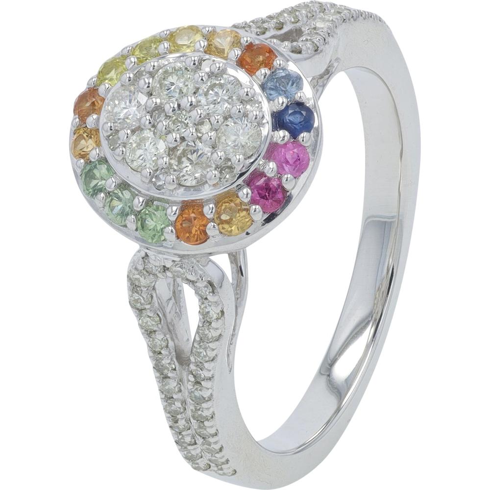14K White Gold 0.34 Carat Multi Sapphire Ring with 0.50 Carat Diamond Halo