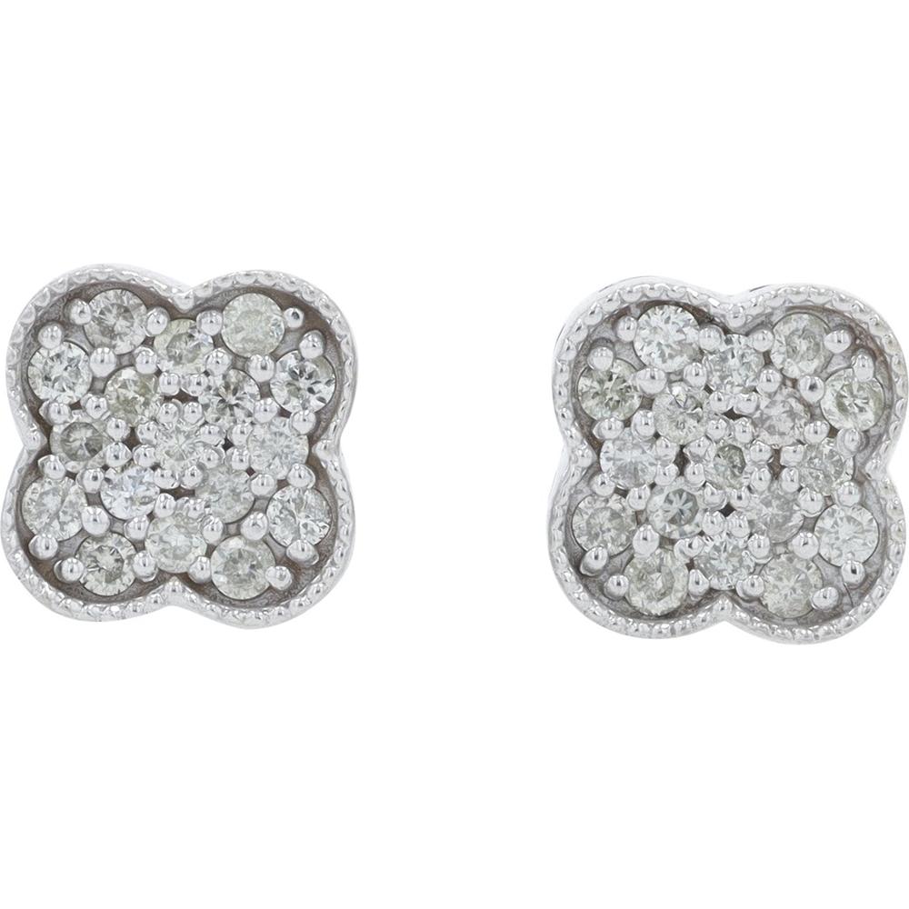 14K White Gold 0.34 Carats Diamond Clover Stud Earrings with Milgrain Detail