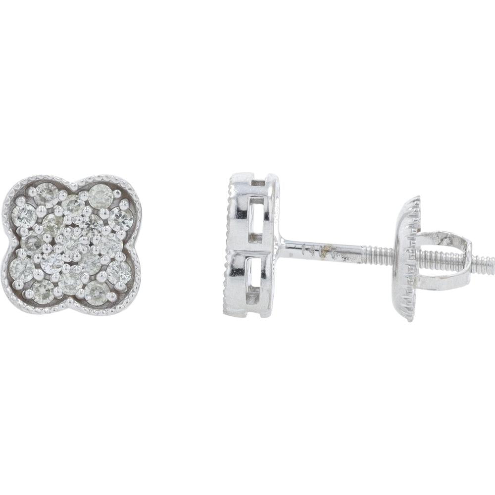 14K White Gold 0.34 Carats Diamond Clover Stud Earrings with Milgrain Detail