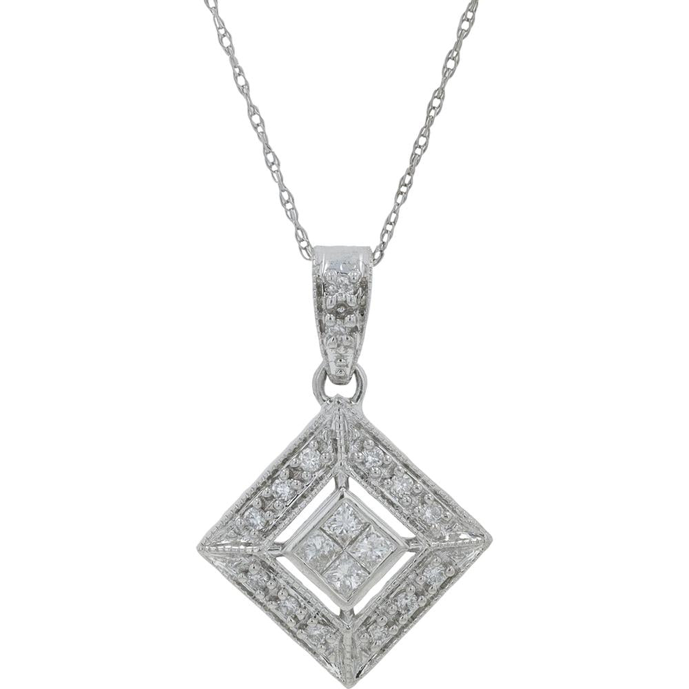 14K White Gold 0.35 Carat Total Diamond Pendant with Princess Cut and Halo Detailing