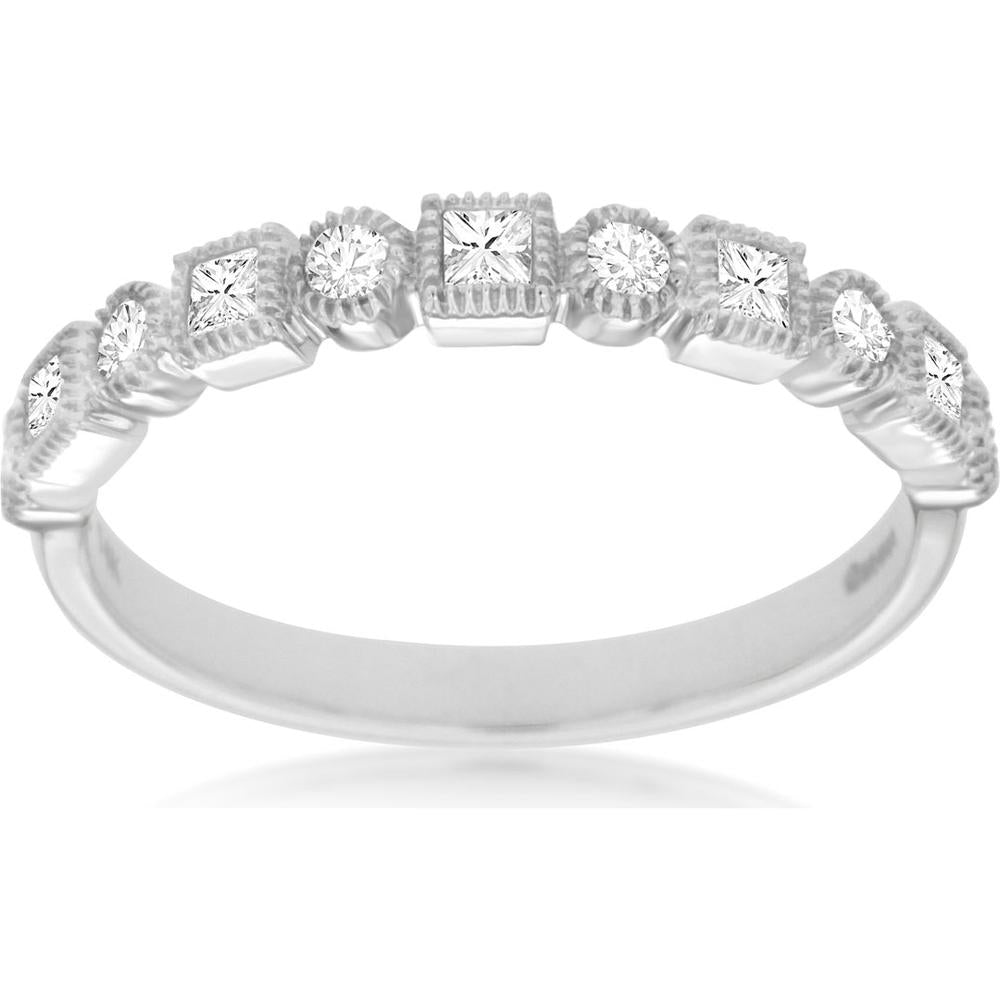 14K White Gold 0.35ctw Diamond Wedding Band with Alternating Princess and Round Cuts & Milgrain Edge Detail - Royal Jewelry