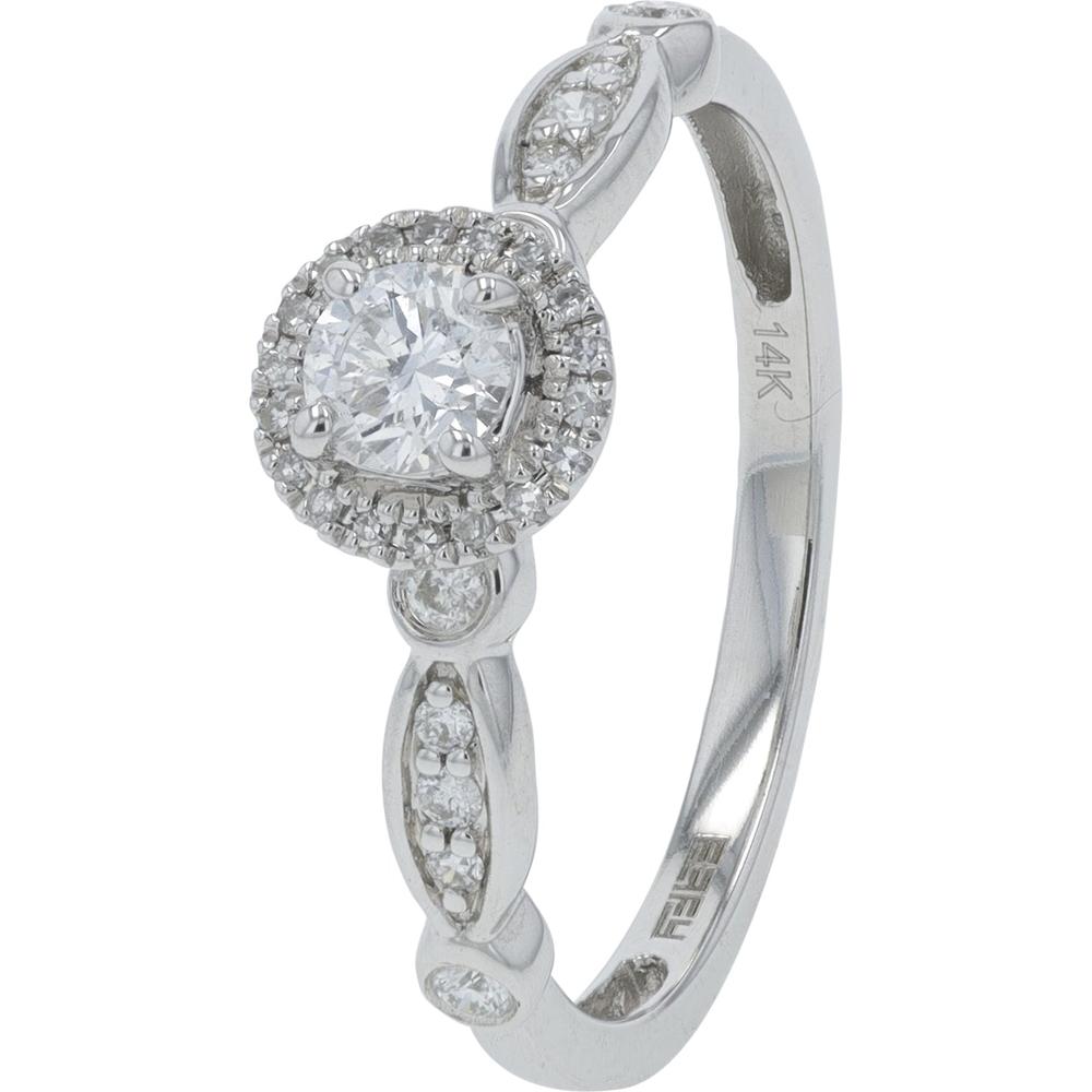 14K White Gold 0.38 Carat Total Diamond Halo Engagement Ring with Marquise Side Accents