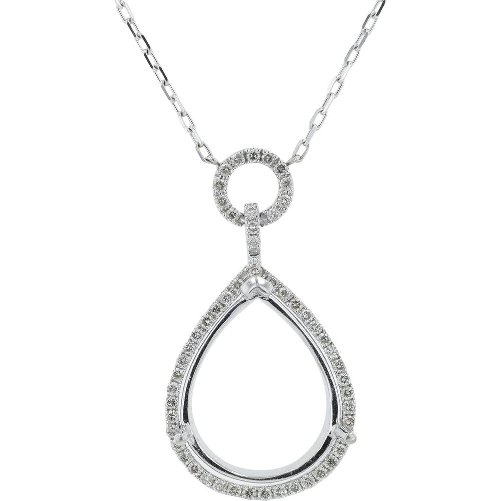 14K White Gold 0.40 Carat Diamond Semi - Mount Teardrop Pendant with Halo Detailing