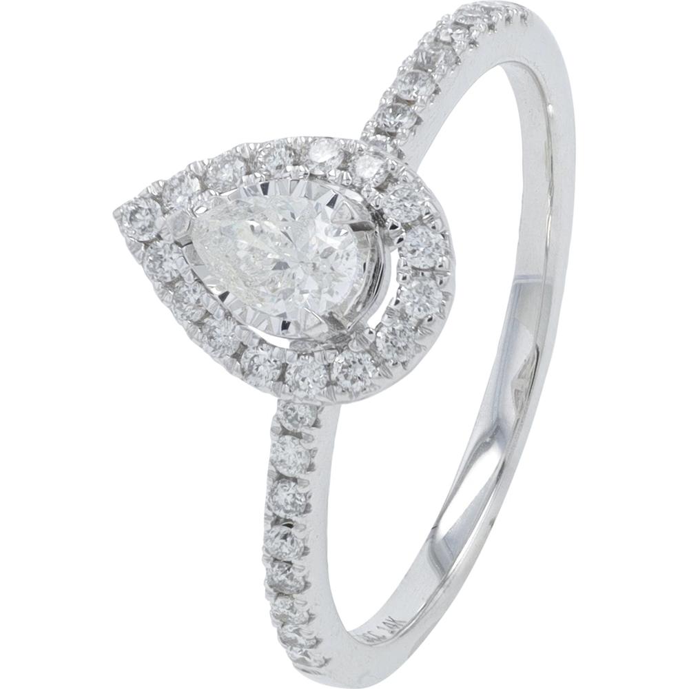 14K White Gold 0.50 Carat Diamond Engagement Ring with Pear - Shaped Center and Diamond Halo - 0.50 Carat Total Diamond Weight