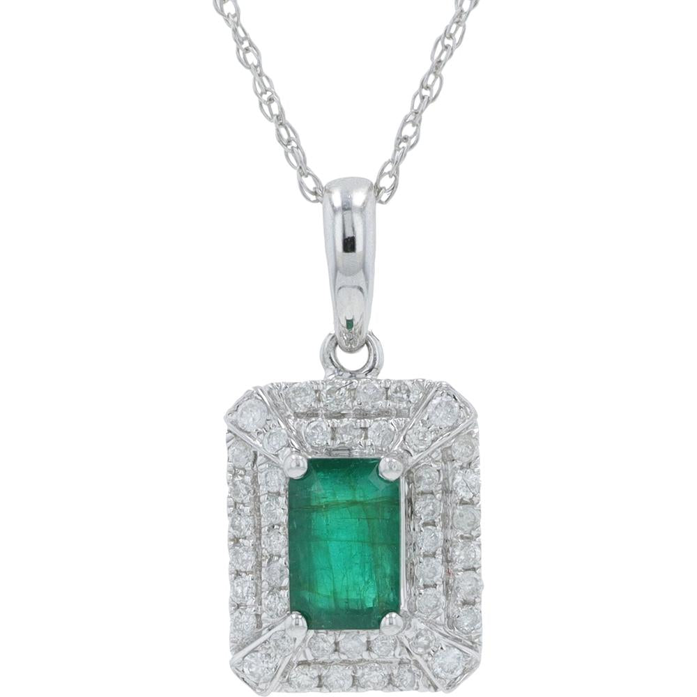 14K White Gold 0.50 Carat Emerald Necklace with 0.20 Carat Diamond Halo