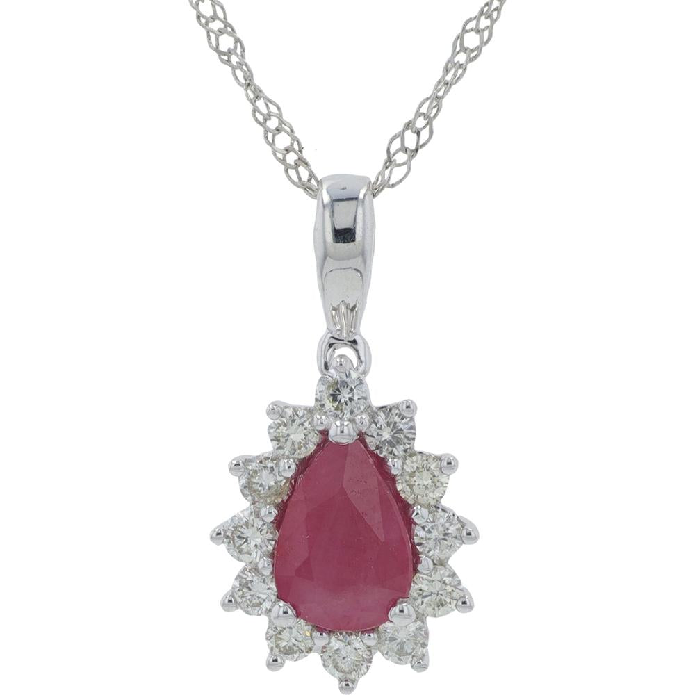 14K White Gold 0.50 Carat Pear-Shaped Ruby Pendant with Diamond Halo - 0.20 Carats Total Diamond Weight