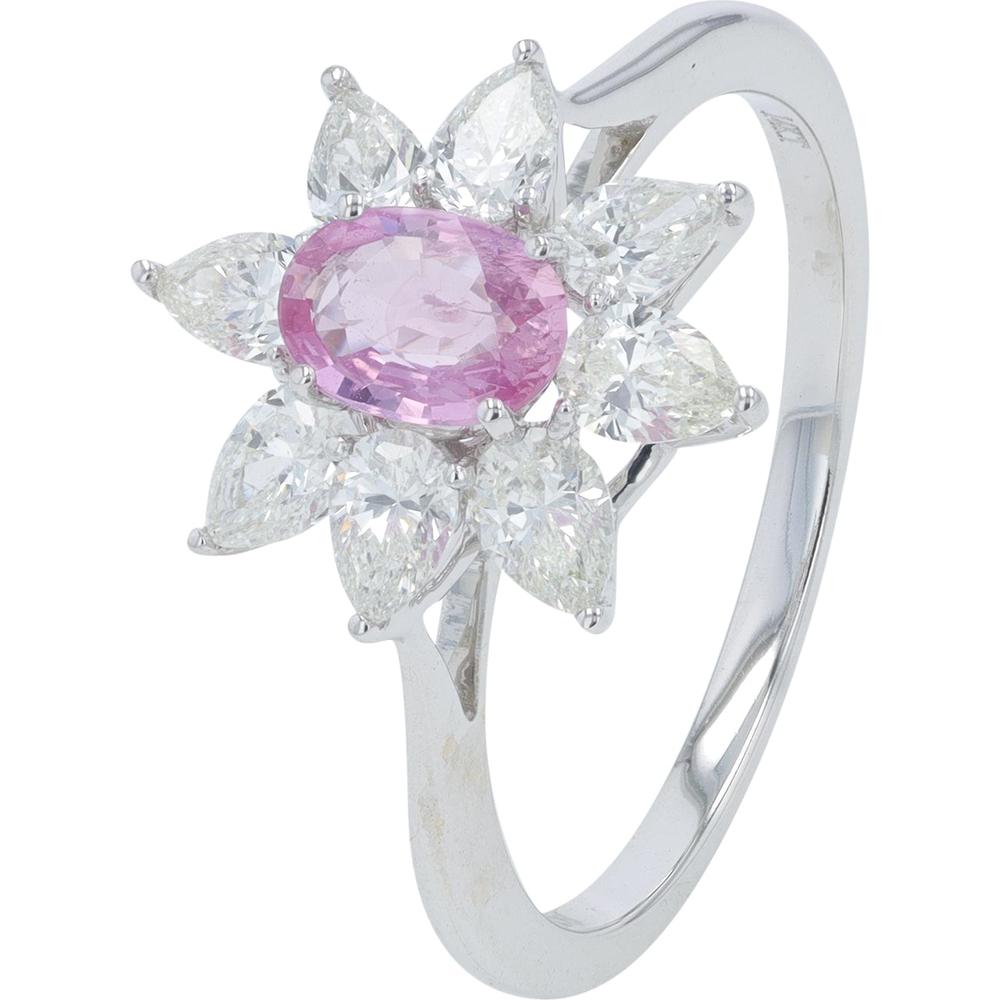 14K White Gold 0.50 Carat Pink Sapphire Flower Ring with 0.90 Carat Diamond Petals