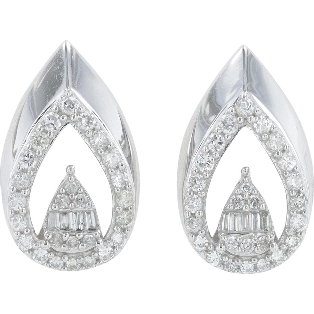 14K White Gold 0.50 Carat Total Diamond Teardrop Earrings with Round and Baguette Cut Diamonds