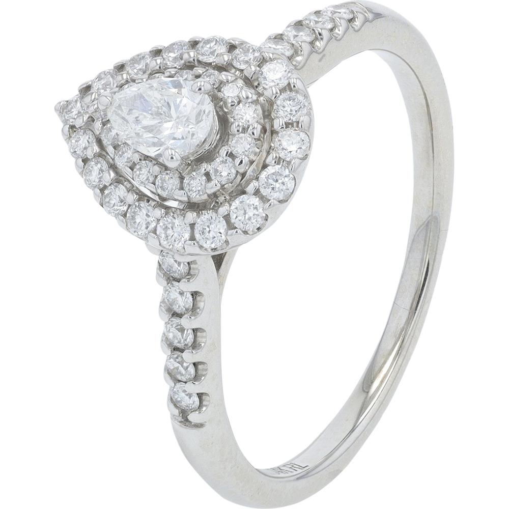 14K White Gold 0.50 Carat Total Weight Diamond Pear Engagement Ring with Halo and Pavé Accents