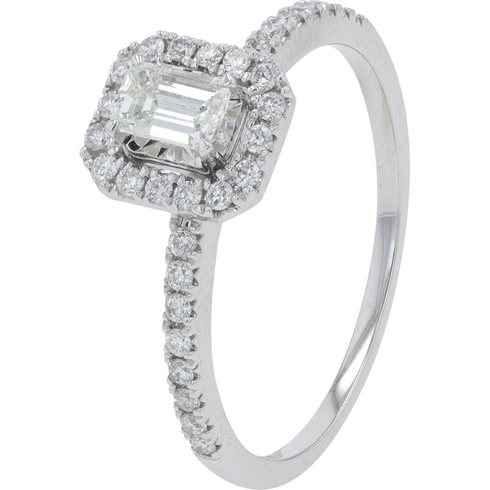 14K White Gold 0.50 Carat Total Weight Diamond Ring with 0.25 Carat Emerald Cut and Halo of Round Diamonds